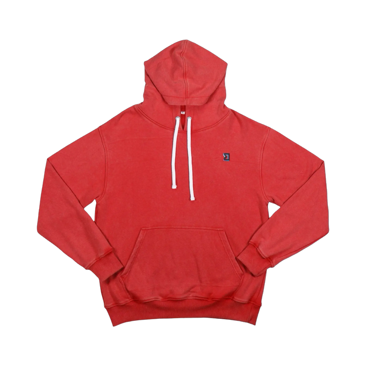 TRAPN™ Red Acid OFF COURT™ 390 GSM Loopback Terry™ heavyweight hoodie with washed red finish, white drawcords and minimal chest logo.