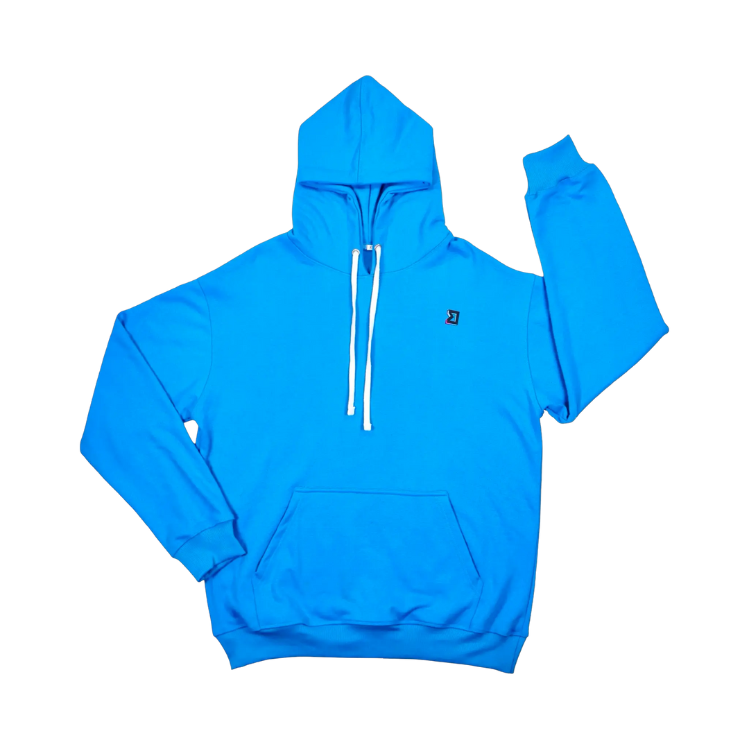 TRAPN™ Smurf Blue OFF COURT™ 390 GSM Loopback Terry™ heavyweight hoodie with white drawcords, kangaroo pocket and minimal chest logo.