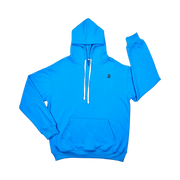 TRAPN™ Smurf Blue OFF COURT™ 390 GSM Loopback Terry™ heavyweight hoodie with white drawcords, kangaroo pocket and minimal chest logo.