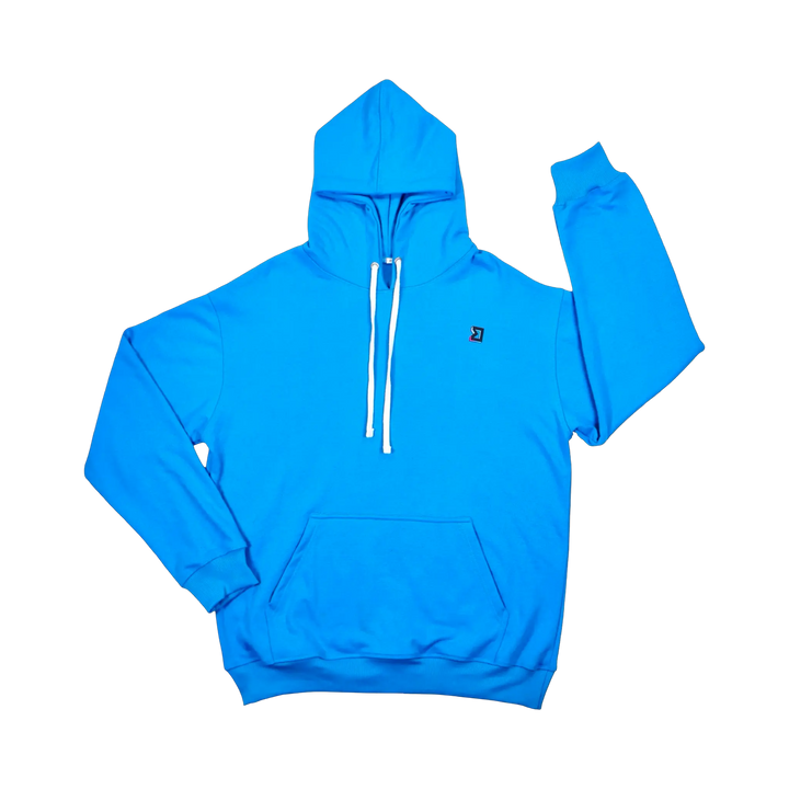 TRAPN™ Smurf Blue OFF COURT™ 390 GSM Loopback Terry™ heavyweight hoodie with white drawcords, kangaroo pocket and minimal chest logo.