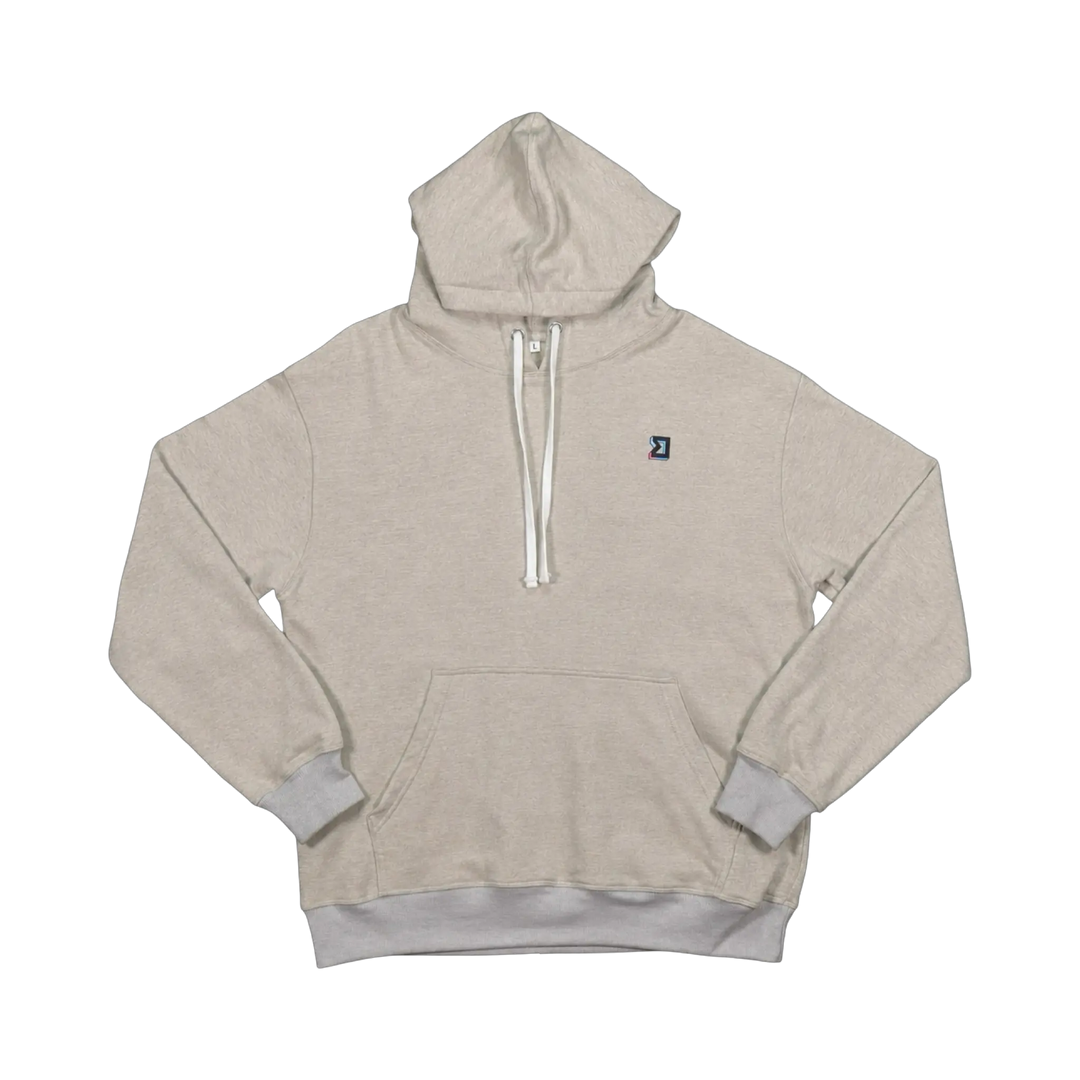 TRAPN™ Tan OFF COURT™ 390 GSM Loopback Terry™ heavyweight hoodie with white drawcords, kangaroo pocket and minimal chest logo.
