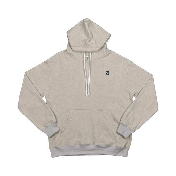 TRAPN™ Tan OFF COURT™ 390 GSM Loopback Terry™ heavyweight hoodie with white drawcords, kangaroo pocket and minimal chest logo.