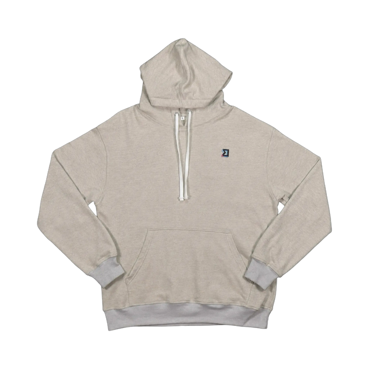 TRAPN™ Tan OFF COURT™ 390 GSM Loopback Terry™ heavyweight hoodie with white drawcords, kangaroo pocket and minimal chest logo.