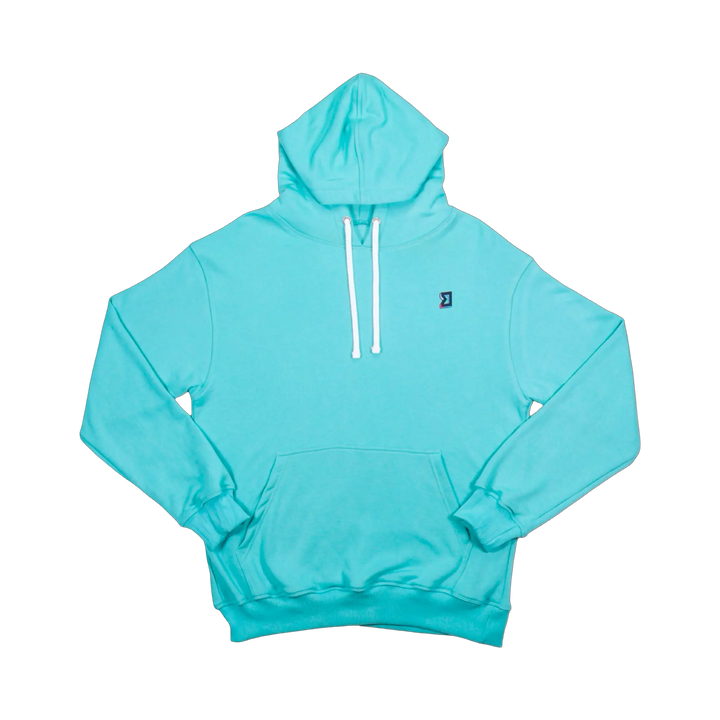 TRAPN™ Teal OFF COURT™ 390 GSM Loopback Terry™ heavyweight hoodie with white drawcords, kangaroo pocket and minimal chest logo.