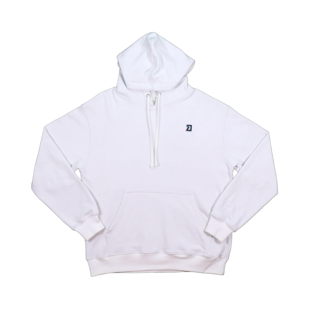 TRAPN™ White OFF COURT™ 390 GSM Loopback Terry™ heavyweight hoodie with tonal drawcords, kangaroo pocket and minimal chest logo.