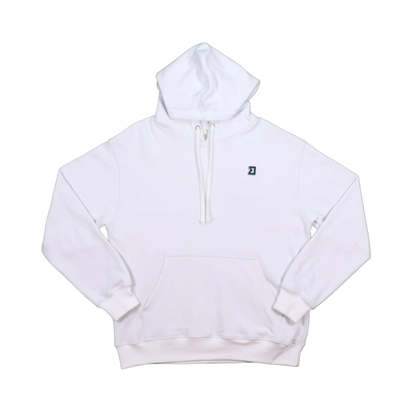 TRAPN™ White OFF COURT™ 390 GSM Loopback Terry™ heavyweight hoodie with tonal drawcords, kangaroo pocket and minimal chest logo.