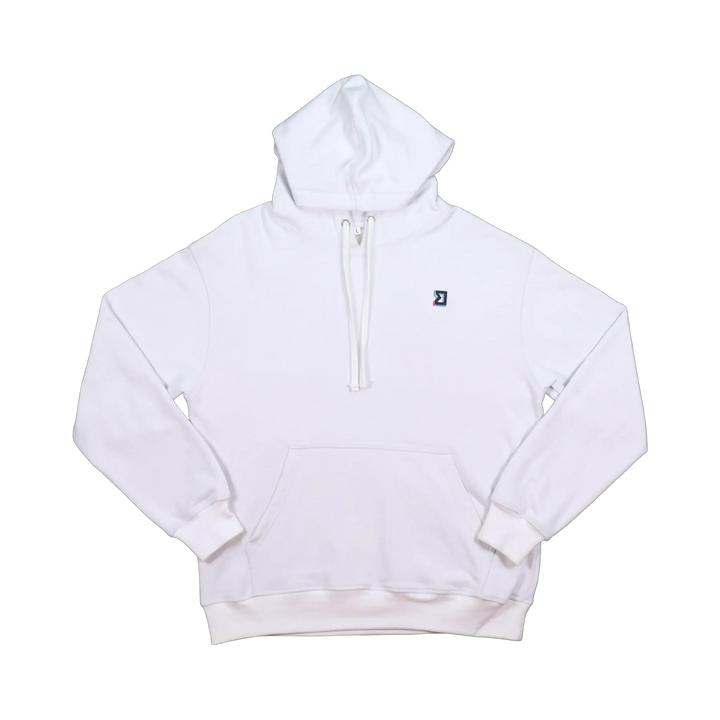 TRAPN™ White OFF COURT™ 390 GSM Loopback Terry™ heavyweight hoodie with tonal drawcords, kangaroo pocket and minimal chest logo.