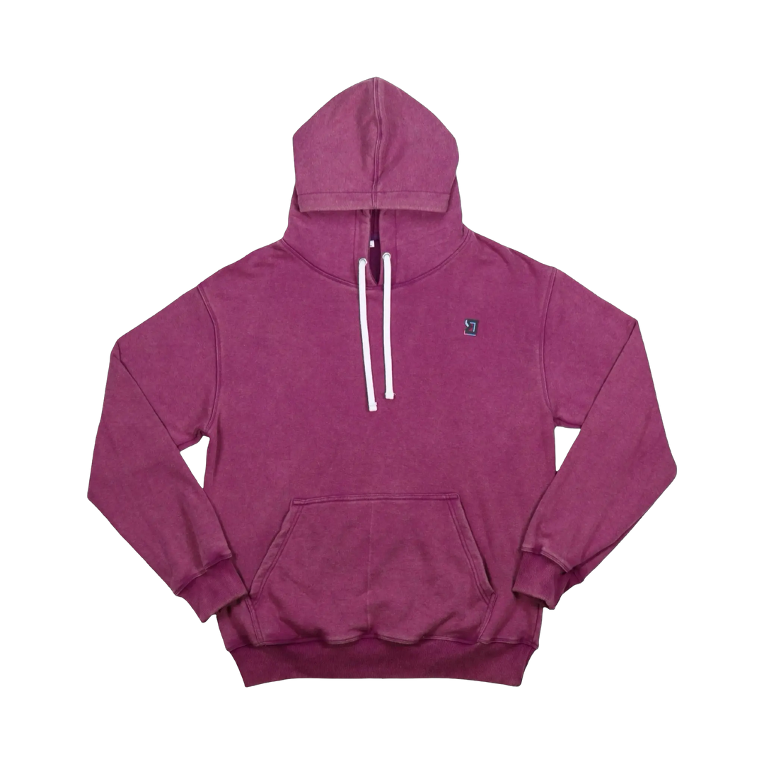 TRAPN™ Wine OFF COURT™ 390 GSM Loopback Terry™ heavyweight hoodie with white drawcords, kangaroo pocket and minimal chest logo.