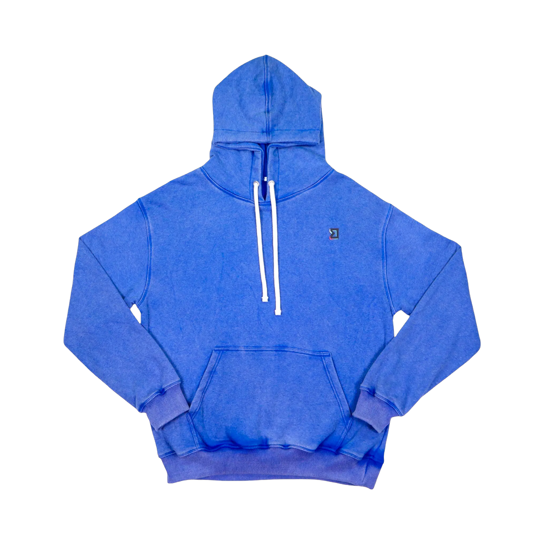 TRAPN™ Blue Acid OFF COURT™ 390 GSM heavyweight Loopback Terry™ hoodie with washed blue finish, white drawcord and minimal chest logo.