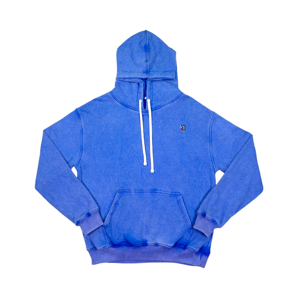 TRAPN™ Blue Acid OFF COURT™ 390 GSM heavyweight Loopback Terry™ hoodie with washed blue finish, white drawcord and minimal chest logo.