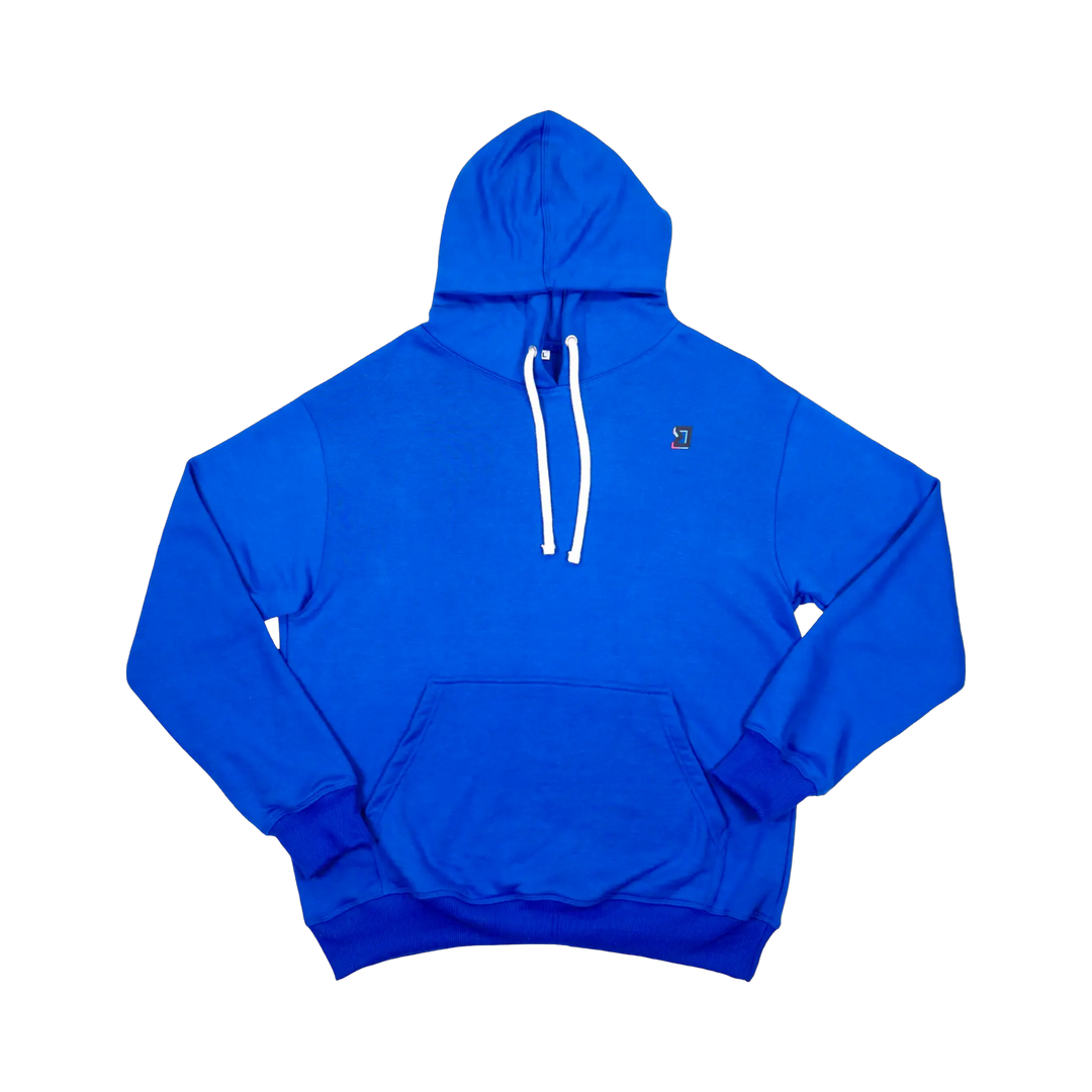 TRAPN™ Blue OFF COURT™ 390 GSM Loopback Terry™ heavyweight hoodie with white drawcords, kangaroo pocket and minimal chest logo.