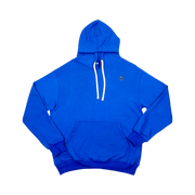 TRAPN™ Blue OFF COURT™ 390 GSM Loopback Terry™ heavyweight hoodie with white drawcords, kangaroo pocket and minimal chest logo.