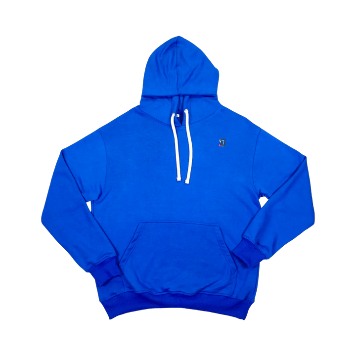 TRAPN™ Blue OFF COURT™ 390 GSM Loopback Terry™ heavyweight hoodie with white drawcords, kangaroo pocket and minimal chest logo.
