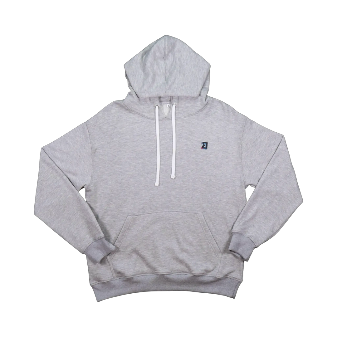 TRAPN™ Grey OFF COURT™ 390 GSM Loopback Terry™ heavyweight hoodie with white drawcords, kangaroo pocket and minimal chest logo.