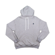 TRAPN™ Grey OFF COURT™ 390 GSM Loopback Terry™ heavyweight hoodie with white drawcords, kangaroo pocket and minimal chest logo.