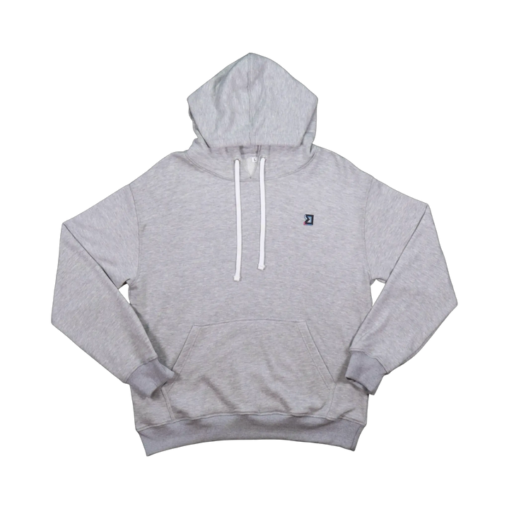 TRAPN™ Grey OFF COURT™ 390 GSM Loopback Terry™ heavyweight hoodie with white drawcords, kangaroo pocket and minimal chest logo.