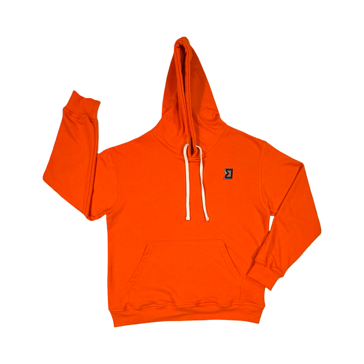 Orange hoodie with a brand logo on a white background