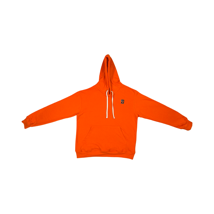 Orange hoodie with a small logo on a white background