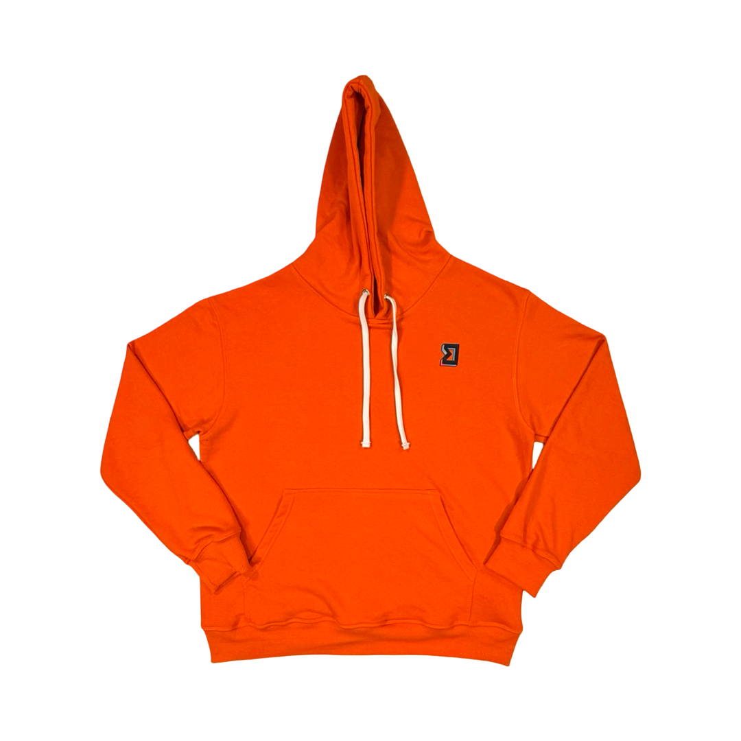 Orange hoodie with a small black logo on a white background
