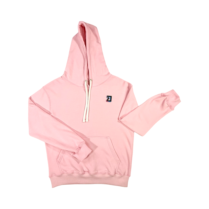 Pink hoodie with a small logo on the chest against a white background