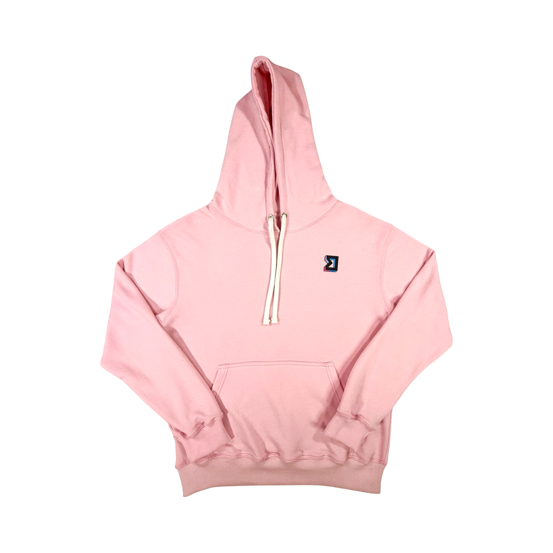 Pink hoodie with a small logo on a white background