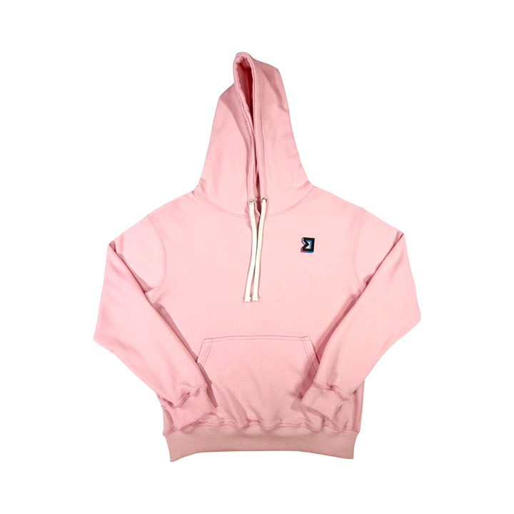 Pink hoodie with a small logo on a white background