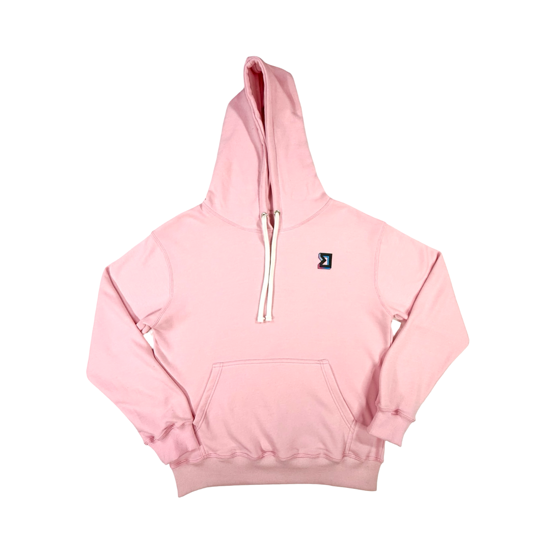 Pink hoodie with a small logo on a white background