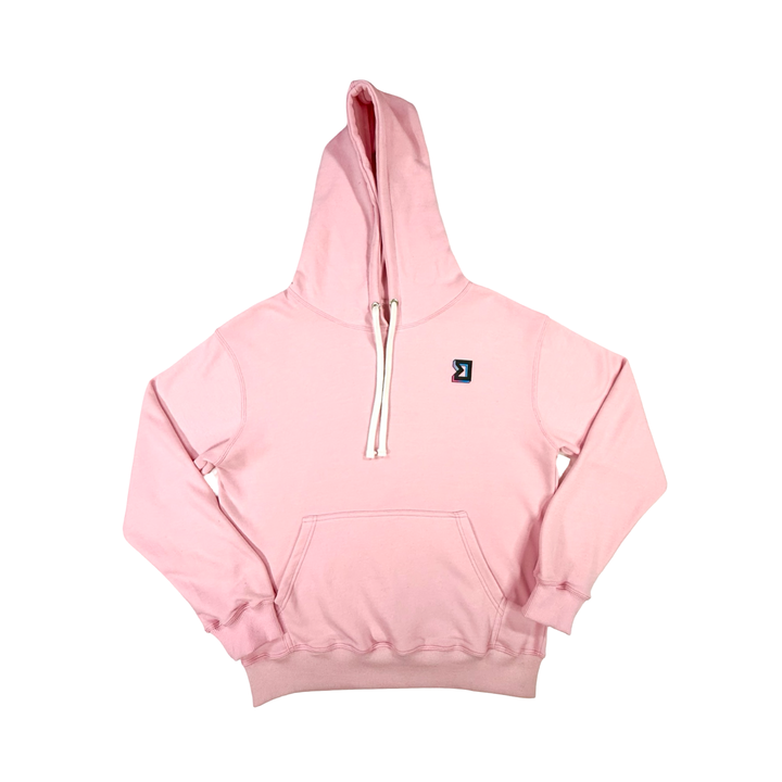 Pink hoodie with a small logo on a white background