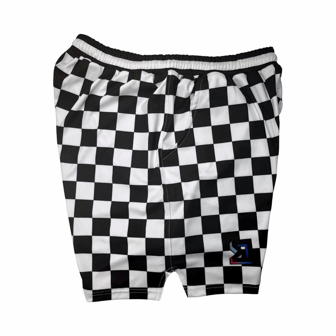 CHECKMATE Basketball Shorts – Soft-QD (Quick-Dry) • Black/White Checker Trap'n Shorts