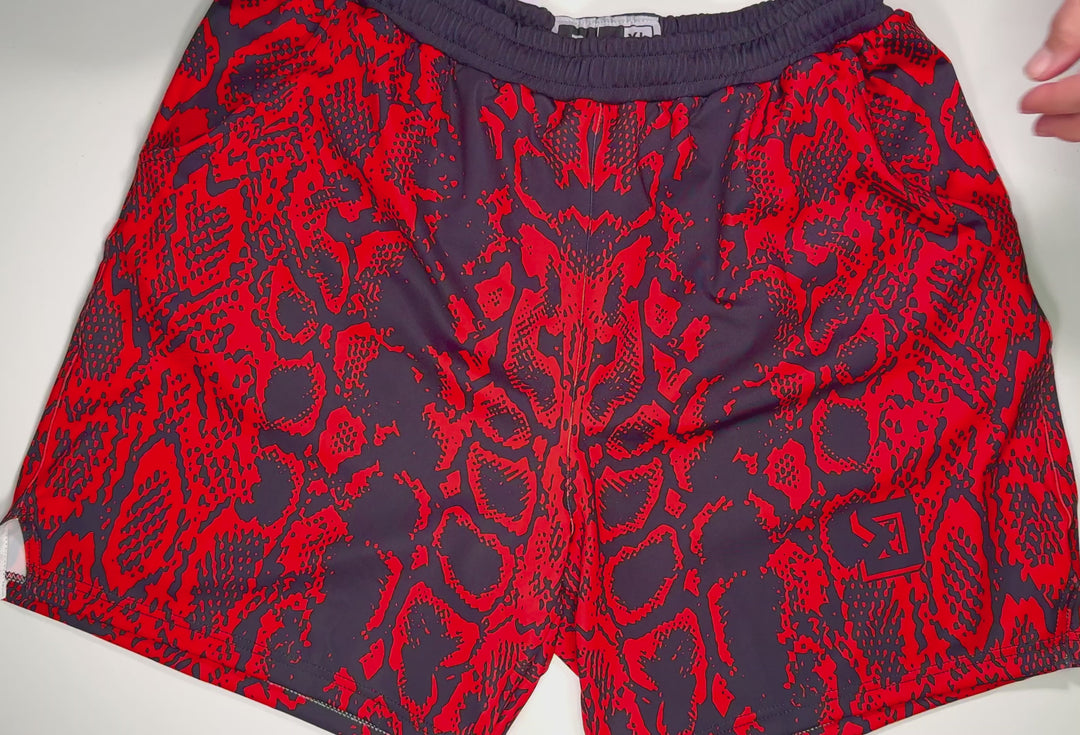 RED MAMBA | Red & Black Snake Pattern Mesh Basketball Shorts