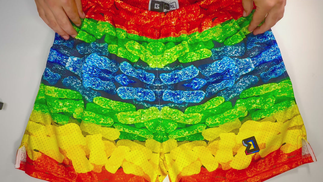 Patchwork Mesh Basketball Shorts – multicolor rainbow candy gradient design by Trap’N Shorts