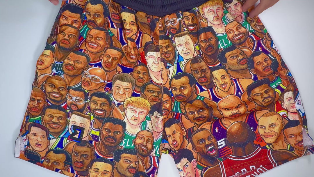 RIVALS – MJ Edition mesh basketball shorts featuring illustrated artwork of Michael Jordan’s greatest opponents, created in collaboration with a licensed artist.