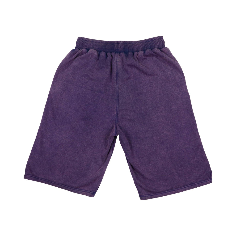 Purple acid washed loopback jogger shorts with white drawstring on a white background