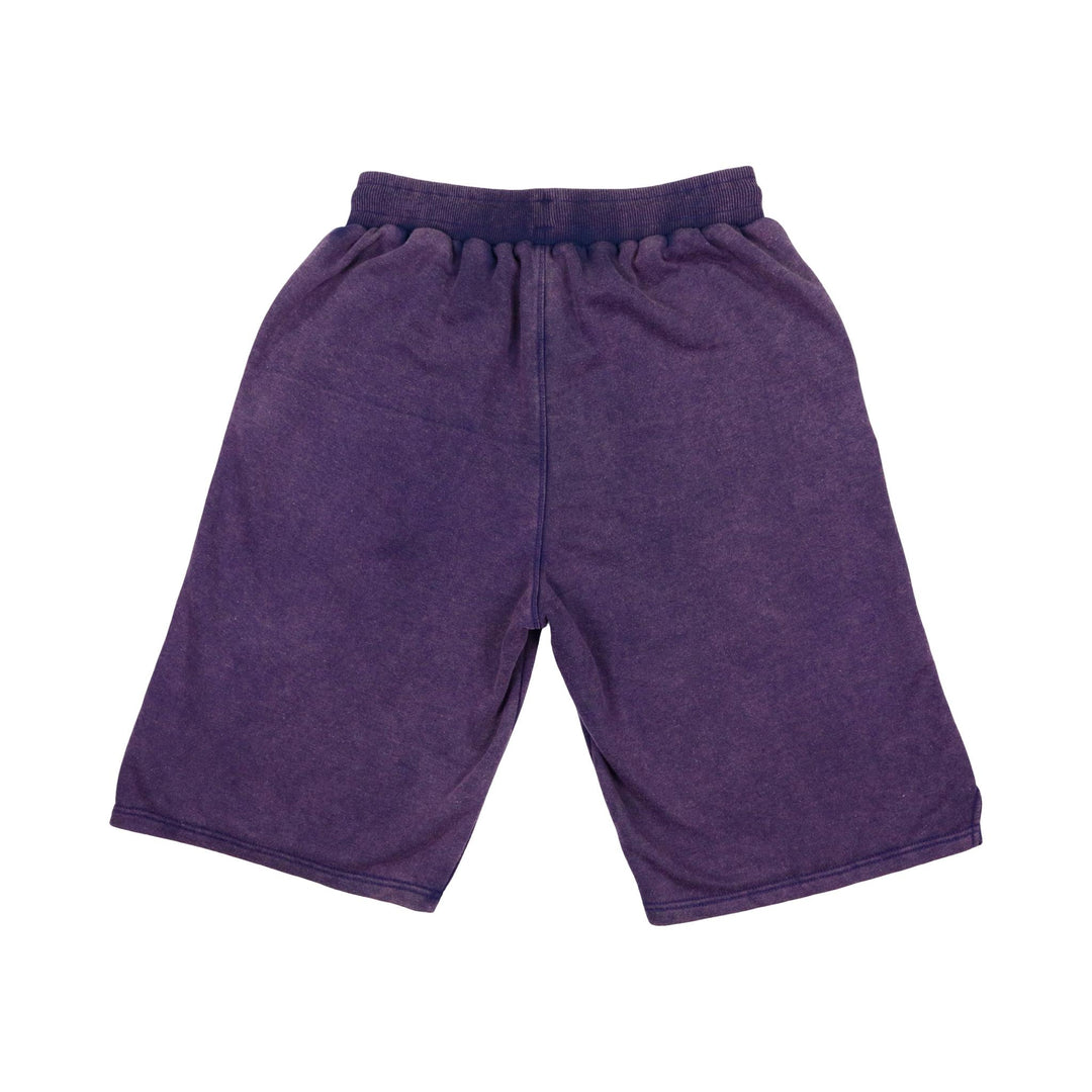 Purple acid washed loopback jogger shorts with white drawstring on a white background