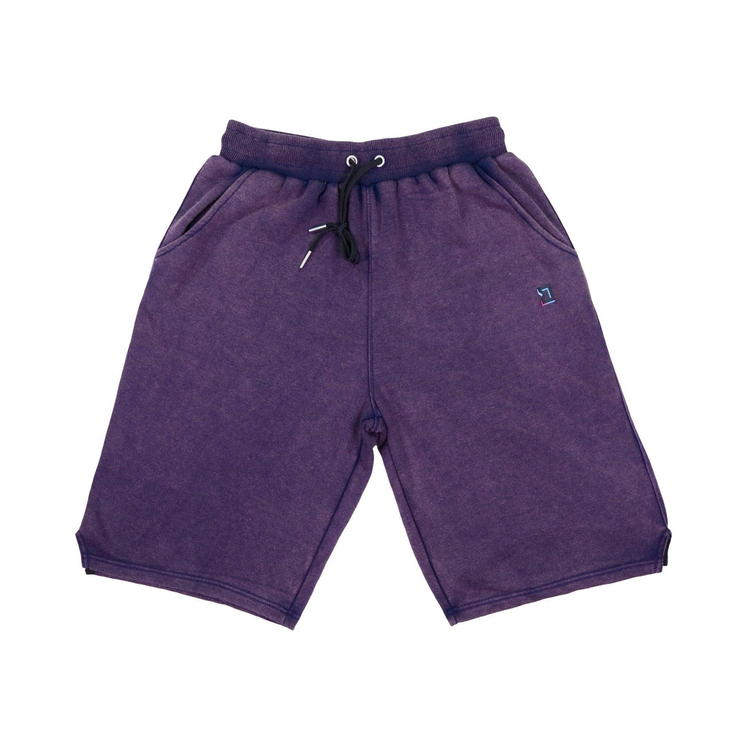 Purple acid washed loopback jogger shorts with white drawstring on a white background