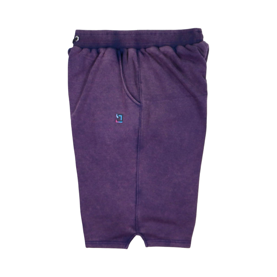 Purple acid washed loopback jogger shorts with white drawstring on a white background