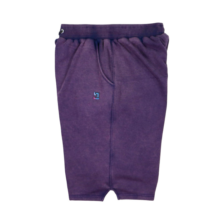 Purple acid washed loopback jogger shorts with white drawstring on a white background