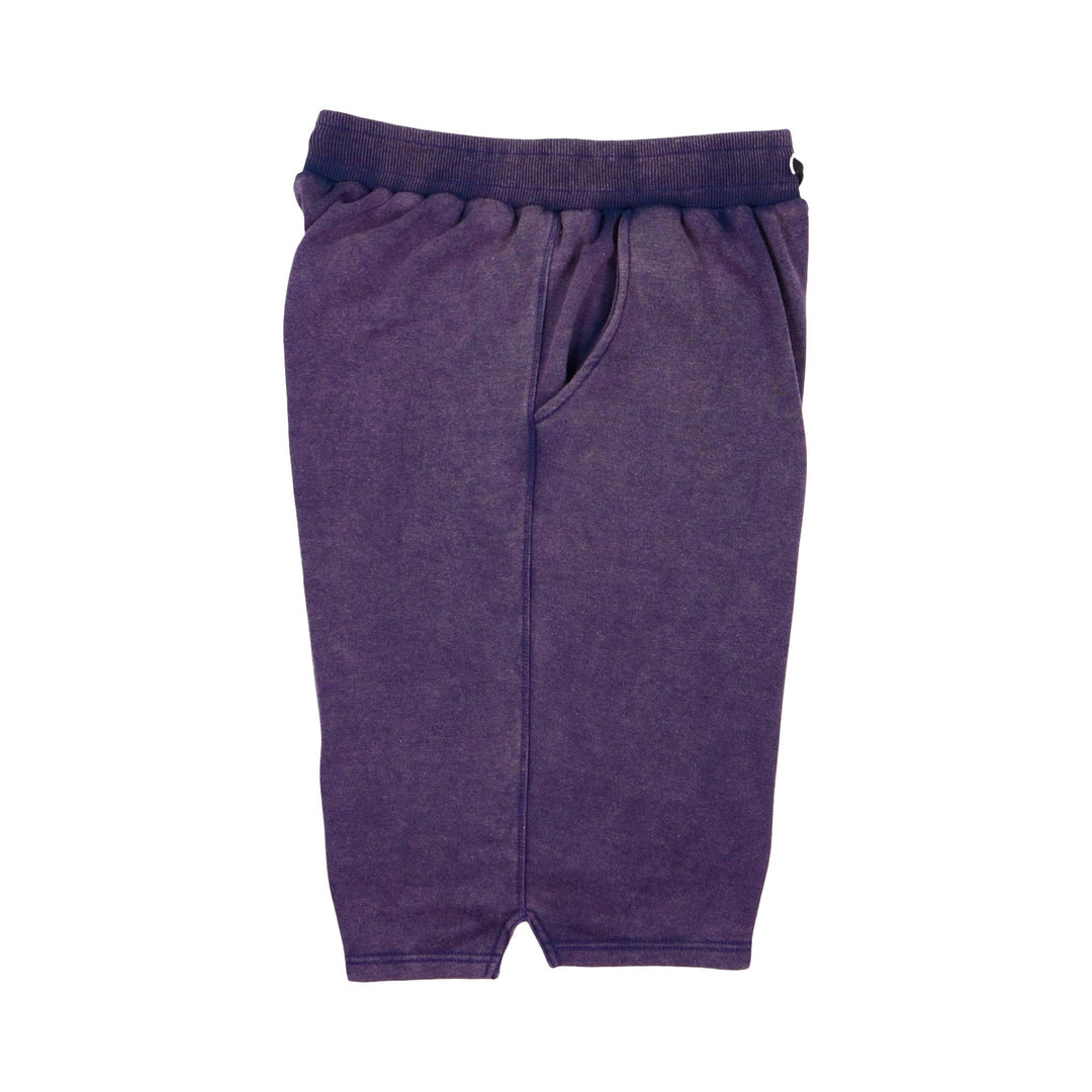 Purple acid washed loopback jogger shorts with white drawstring on a white background