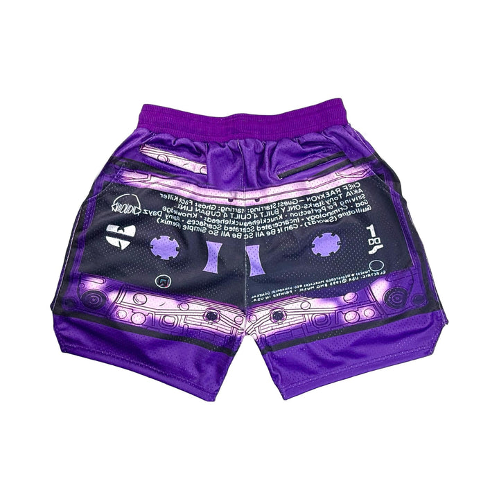 Purple shorts with cassette tape design on a white background