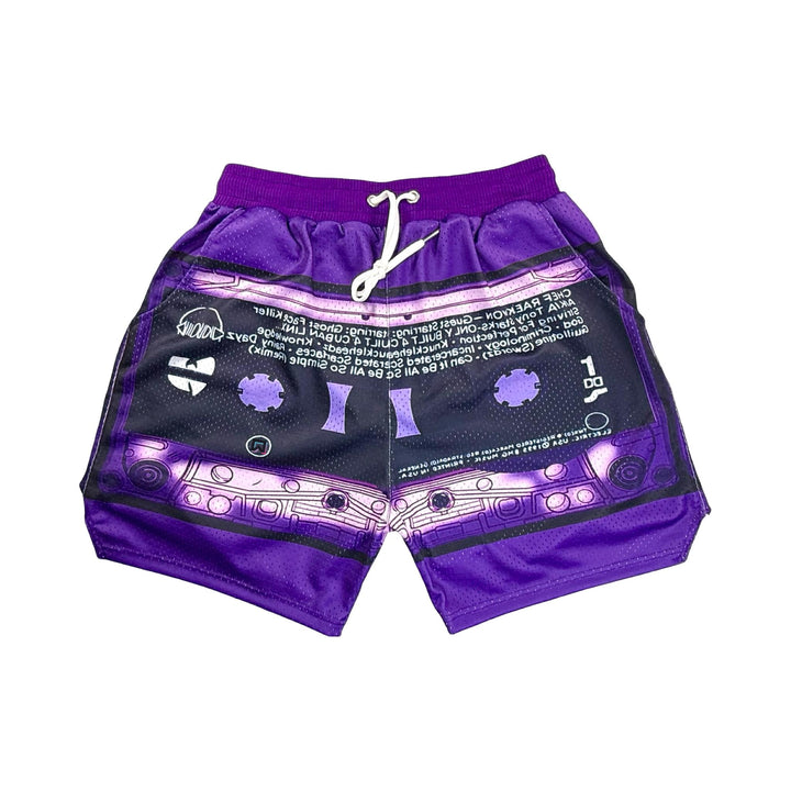 Purple shorts with cassette tape design on a white background