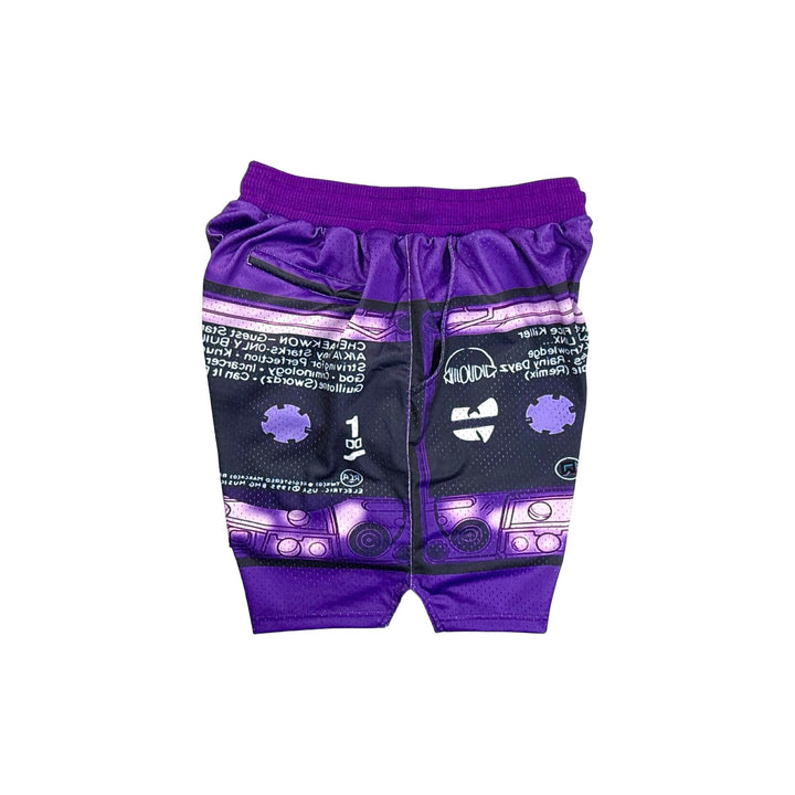 Purple shorts with graphic designs on a white background
