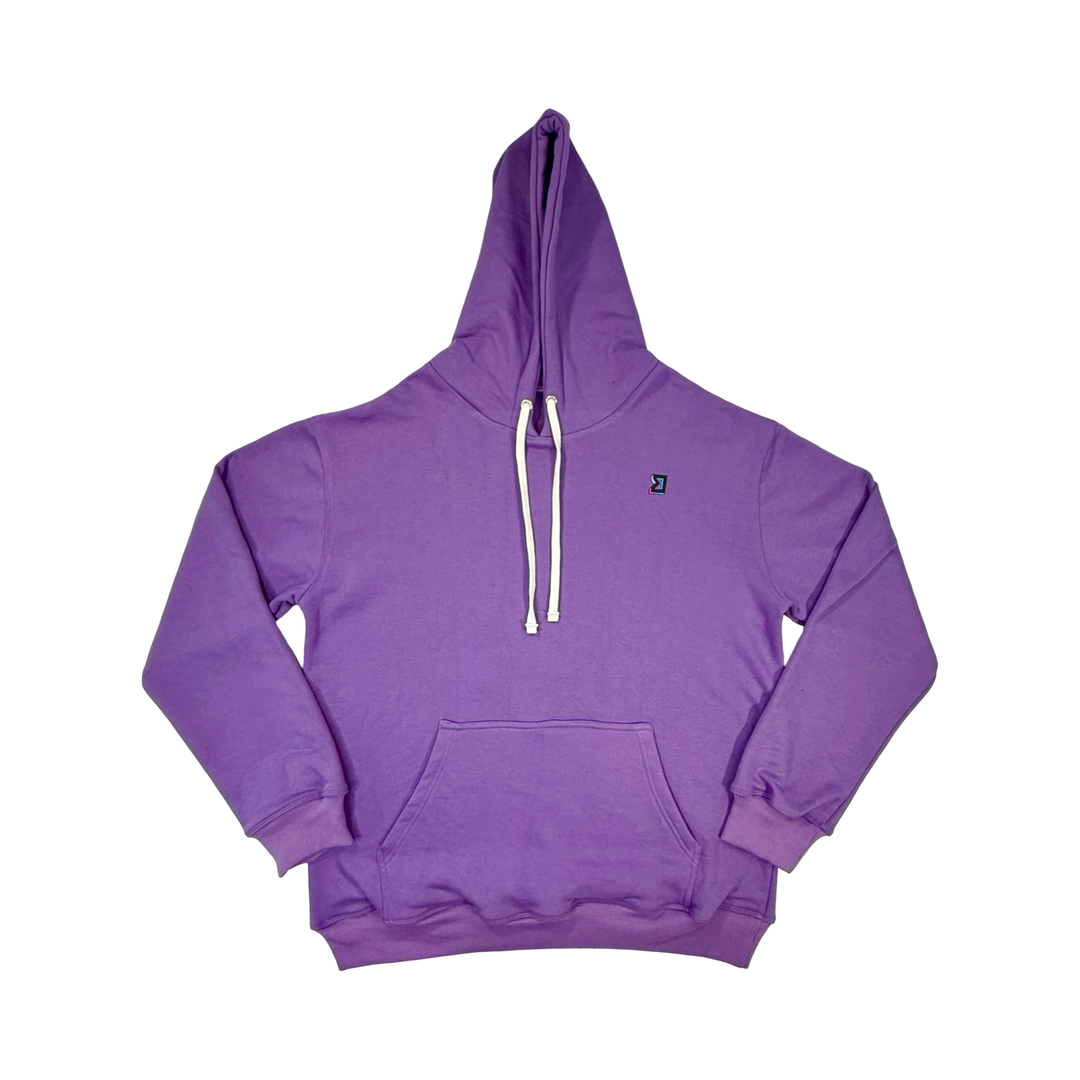 Purple hoodie with a white drawstring on a white background