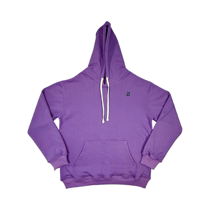 Purple hoodie with a white drawstring on a white background