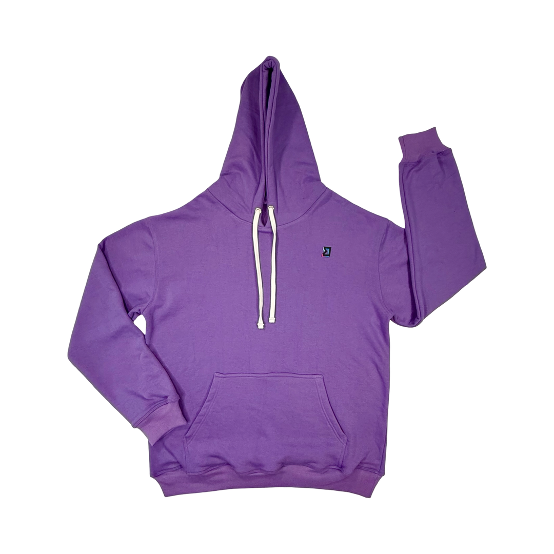 Purple hoodie with a small logo on a white background
