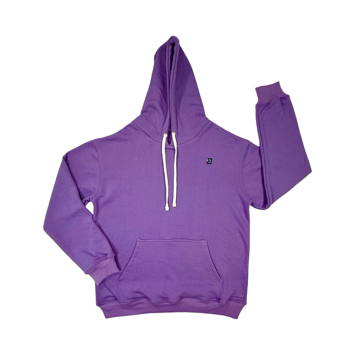 Purple hoodie with a small logo on a white background