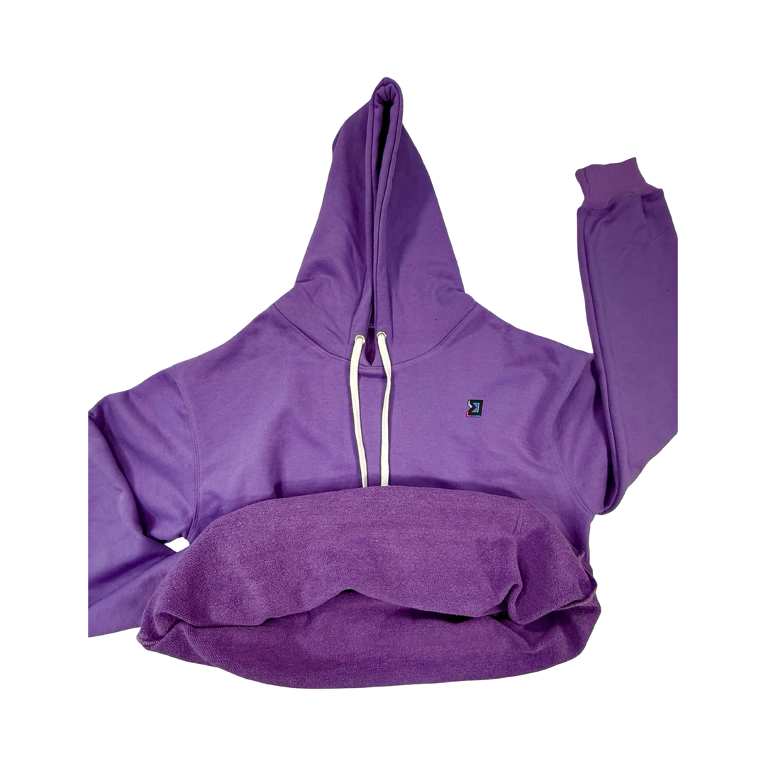 Purple hoodie with a small logo on a white background