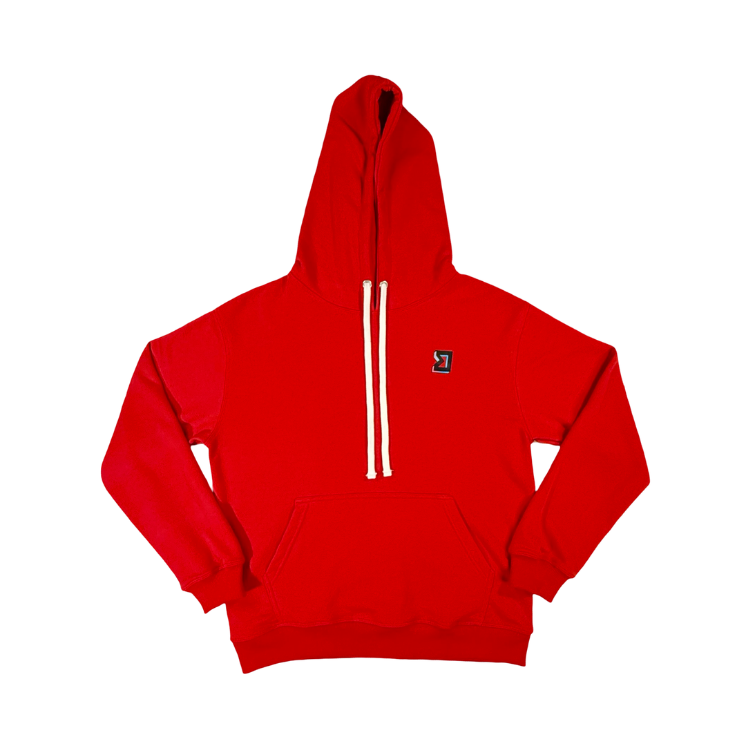Red hoodie with a small logo on a white background