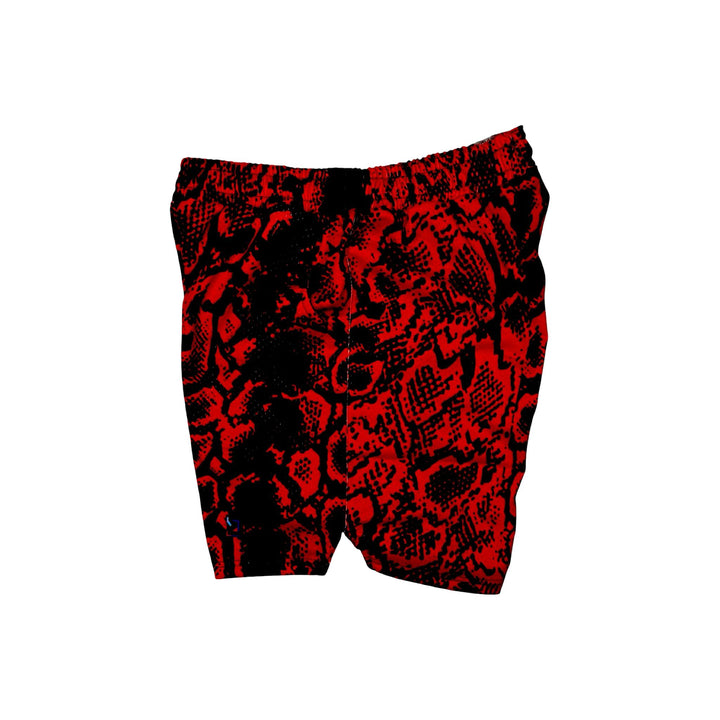 Red and black snakeskin patterned mesh shorts on a white background