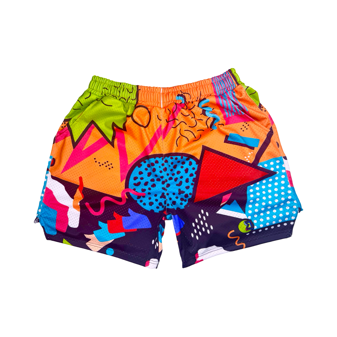 Colorful shorts with geometric pattern on a white background