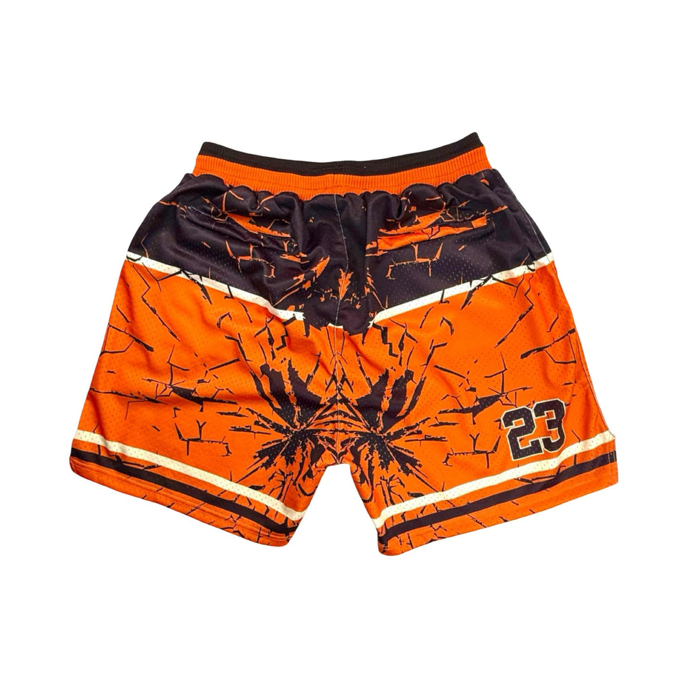 Orange and black shorts with a design and number 23 on a white background